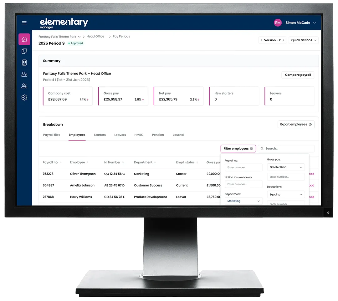 Elementary Manager software by Ascend Payroll on a Desktop monitor