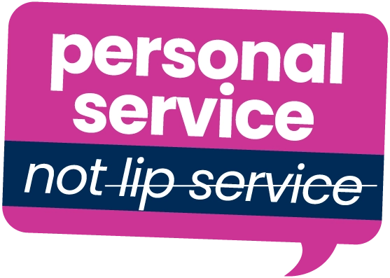 "Personal service not lip service" - Speech bubble on pink background